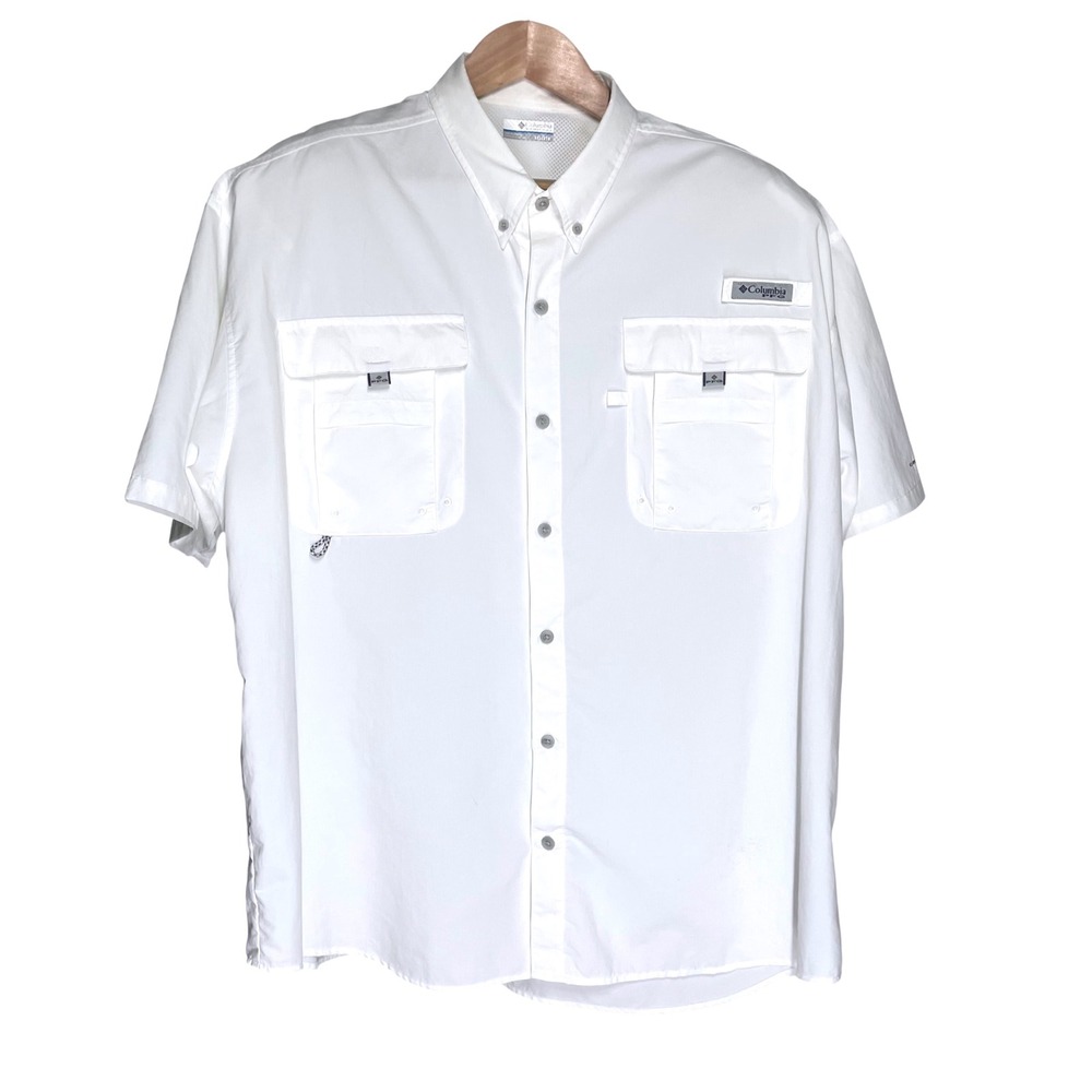 Columbia PFG Mens XXL White Short Sleeve Fishing Shirt Omni-Shade Button Down